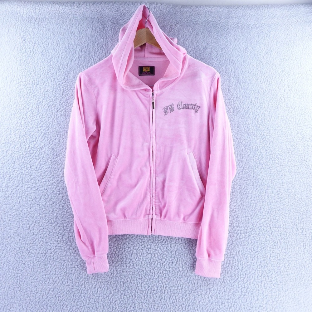FB County Girl Pink Velour Zip Up Hoodie Rhinestone Logo Y2K‎ Streetwear Medium